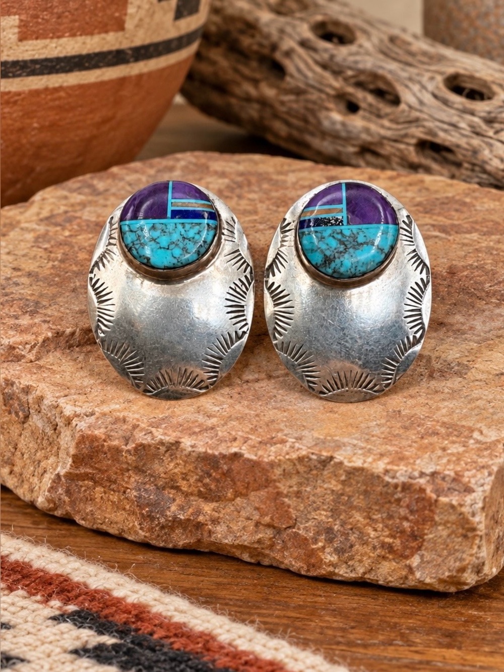 Native American Sterling Silver Sugilite Turquoise Multi Stone Inlay Earrings